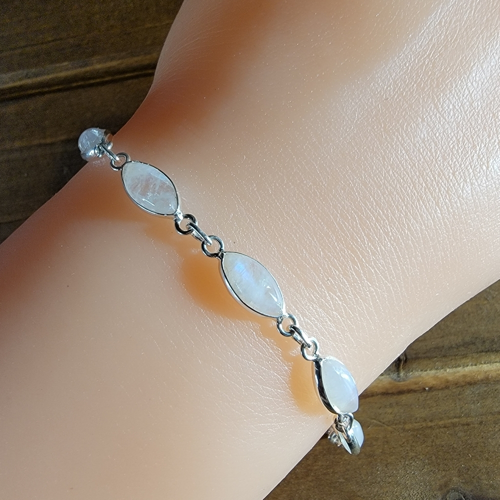 Native Rainbow Moonstone Gemstone Bracelet 7 Inch Sterling Silver 925 Boho Gypsy - Picture 6 of 6